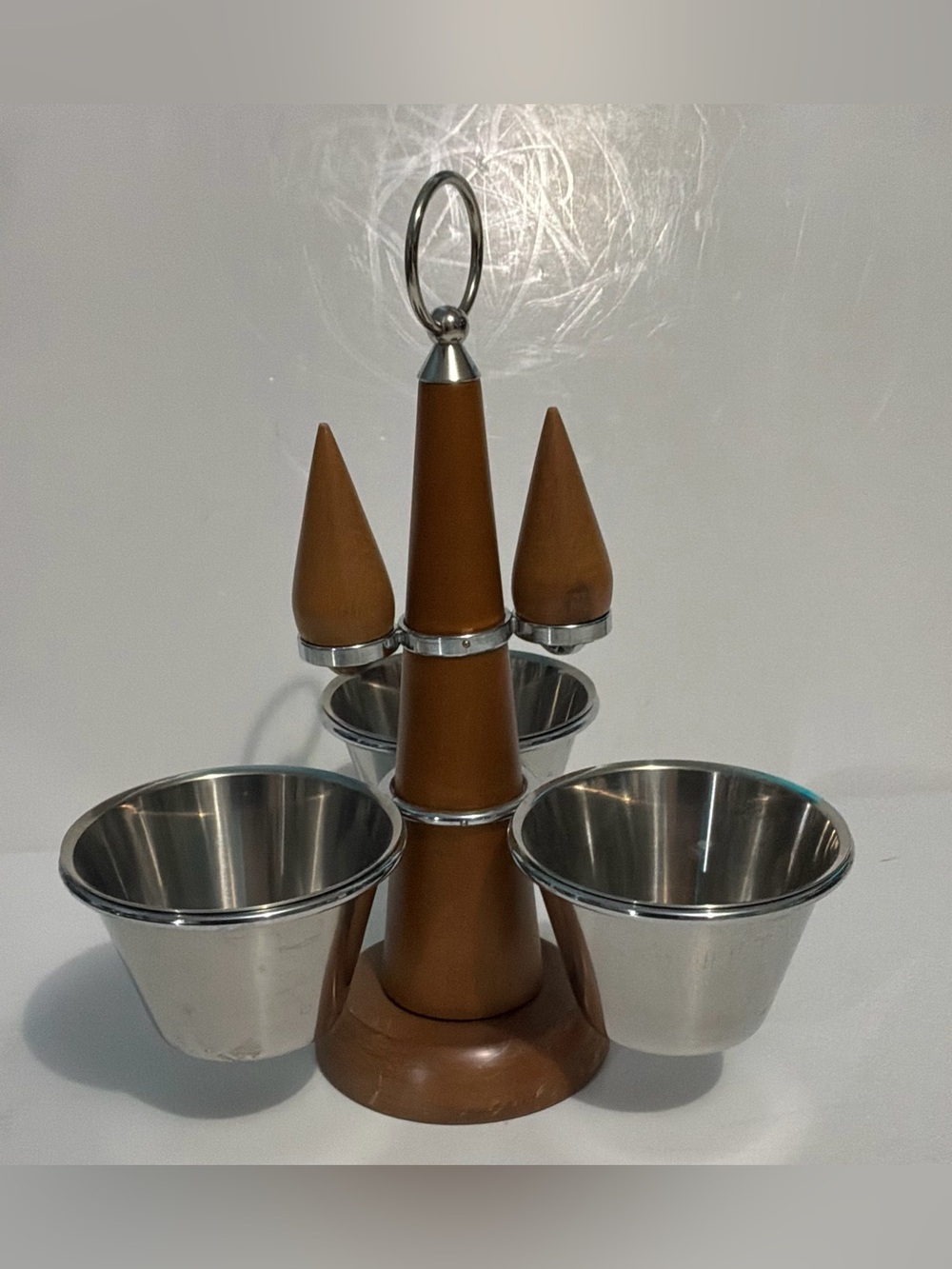 MCM Stako Sweden Teak Stainless Steel Spinning Condiment Caddy Salt & Pepper